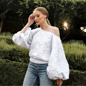 Arianne Elmy Good Luck Blouse White Floral Jacquard Balloon Sleeve S NWT